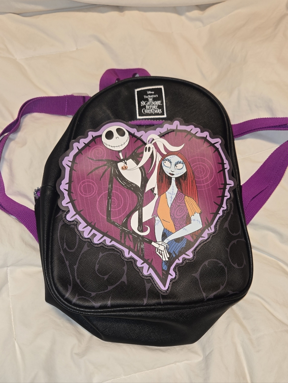 Nightmare Before Christmas Jack & Sally Heart Mini Backpack - Black & Purple
